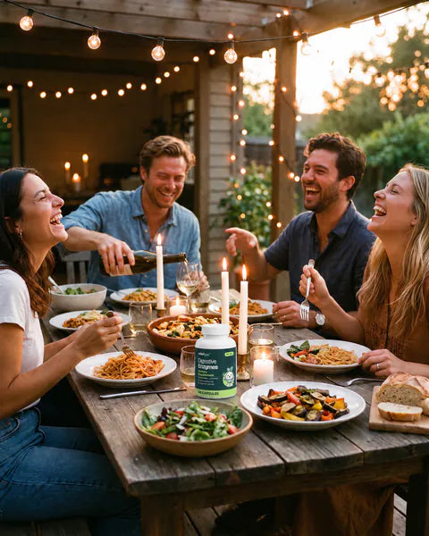 Friends laugh around a candlelit dinner table outdoors, a bottle of Digestive Enzymes among the plates.