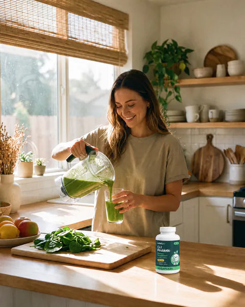A woman pours a green smoothie in her kitchen, with a bottle of Gut Probiotic 40B on the counter.