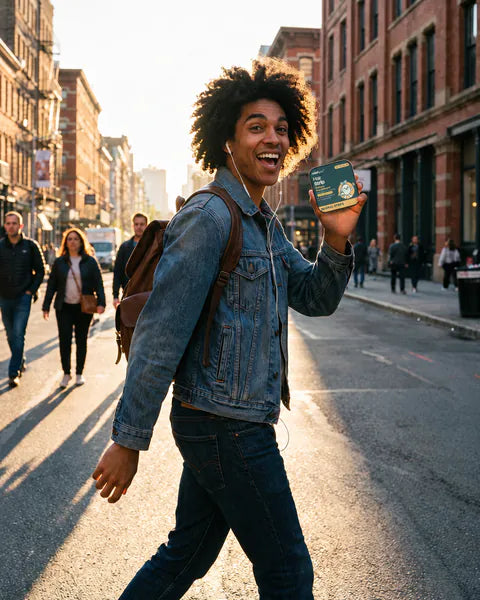 A young man walks to work down a sunny city street, holding up a tin of Hair Strip.