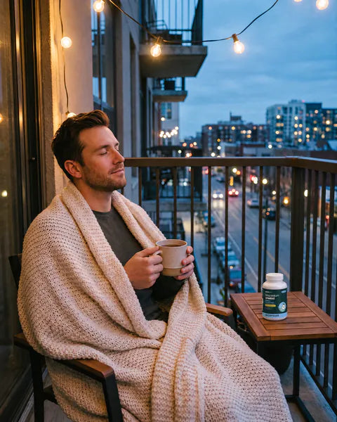 A man wrapped in a blanket holds a cup of tea on a city balcony at dusk, a bottle of Magnesium Unwind on the side table.