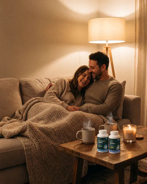 A couple cuddles under a blanket on the sofa in the evening, with Magnesium Unwind and Sleep Formula on the table.