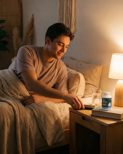 A man on the edge of his bed puts his phone away on the nightstand, next to a bottle of Sleep Formula.