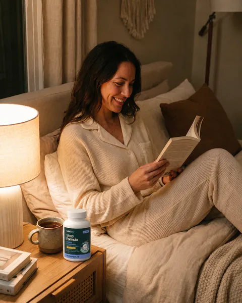 A woman reads a book in bed by lamplight, a bottle of Sleep Formula on the nightstand.