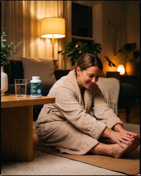 A woman in a bathrobe stretches on the living room floor in the evening, a bottle of Magnesium Unwind on the table.