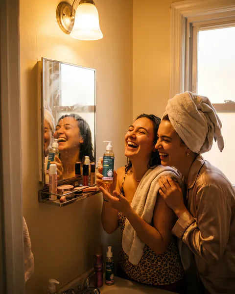 Two friends laugh while getting ready at a shared bathroom mirror, one holding a bottle of Fresh Face Wash.