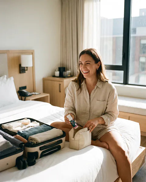 A woman unpacks her toiletry bag on a sunny hotel bed, holding a bottle of Niacinamide Serum.
