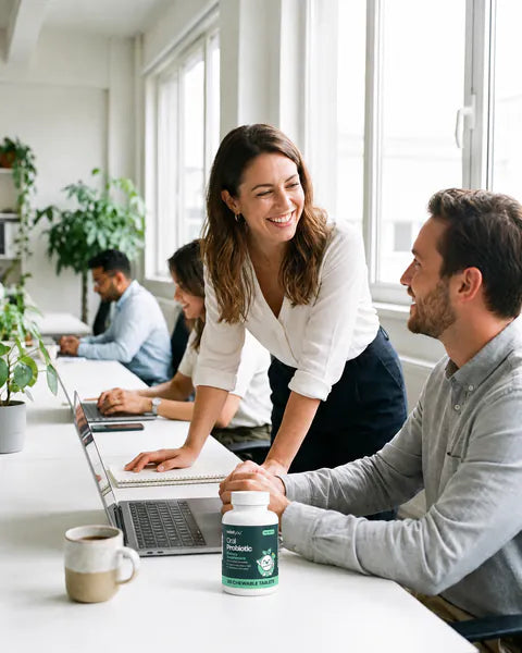 A woman leans over to chat with a colleague at his desk in a bright office, a bottle of Oral Probiotic by his laptop.