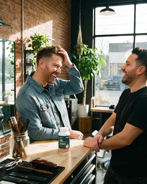 A man laughs with his barber in a barbershop, a bottle of Hair Daily on the counter.