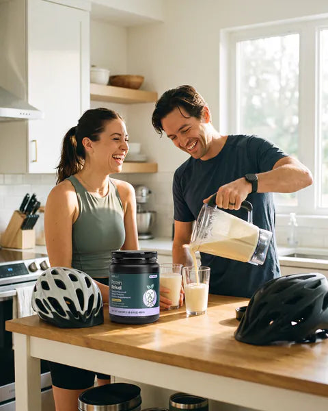 A couple home from a bike ride pours vanilla shakes at the kitchen island, a tub of Protein Refuel Vanilla beside them.