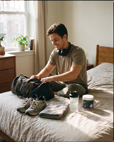 A man packs his gym bag on the bed in the morning, a tub of Creatine Daily and a shaker bottle next to it.